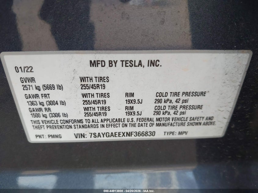 2022 Tesla Model y VIN 7SAYGAEEXNF366830 IAAI salvage auction — RIGHT SIDE, Salvage (Hawaii), sold $8,450 on 2026-07-30 (photo 9)