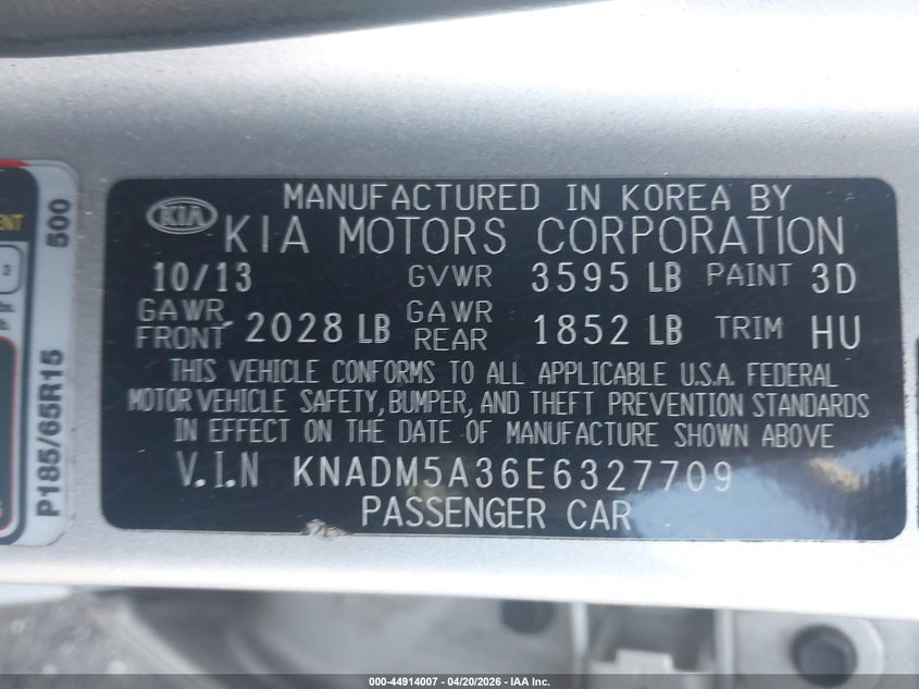 2014 Kia Rio VIN KNADM5A36E6327709 IAAI salvage auction — FRONT END, Salvage (Texas), sold $600 on 2026-07-29 (photo 9)