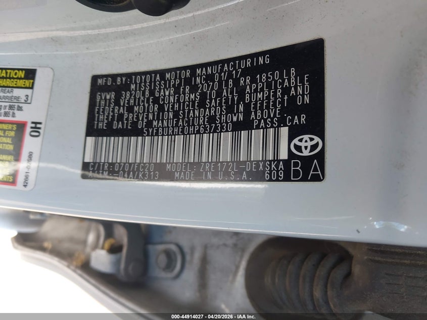 2017 Toyota Corolla VIN 5YFBURHE0HP637330 IAAI salvage auction — FRONT END, Salvage (Virginia), sold $2,900 on 2026-07-17 (photo 9)