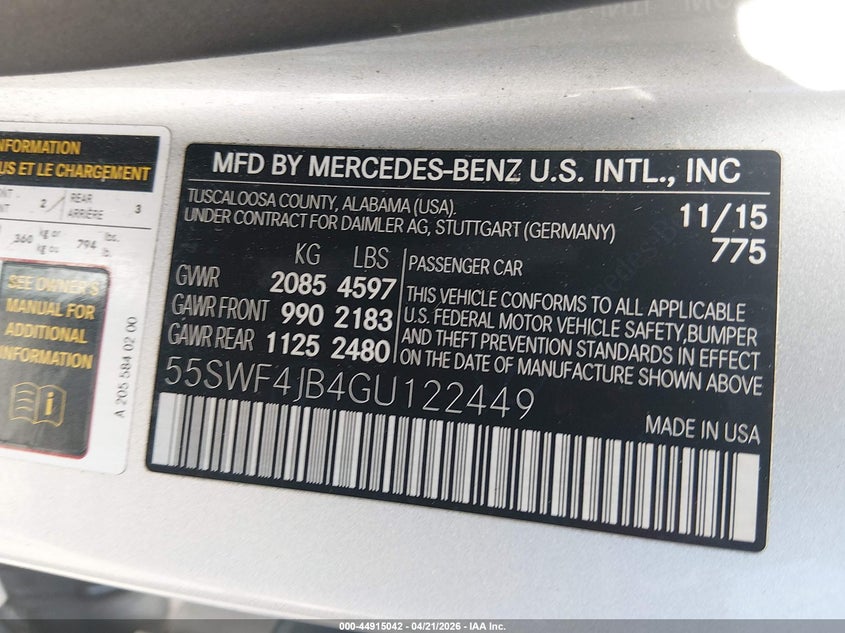 2016 Mercedes-benz C-klasse VIN 55SWF4JB4GU122449 IAAI salvage auction — LEFT FRONT, Salvage (South Carolina), sold $1,900 on 2026-07-18 (photo 9)