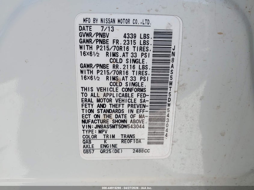 2013 Nissan Rogue VIN JN8AS5MT5DW543044 IAAI salvage auction — NORMAL WEAR, Clear (Texas), sold $125 on 2026-07-30 (photo 9)