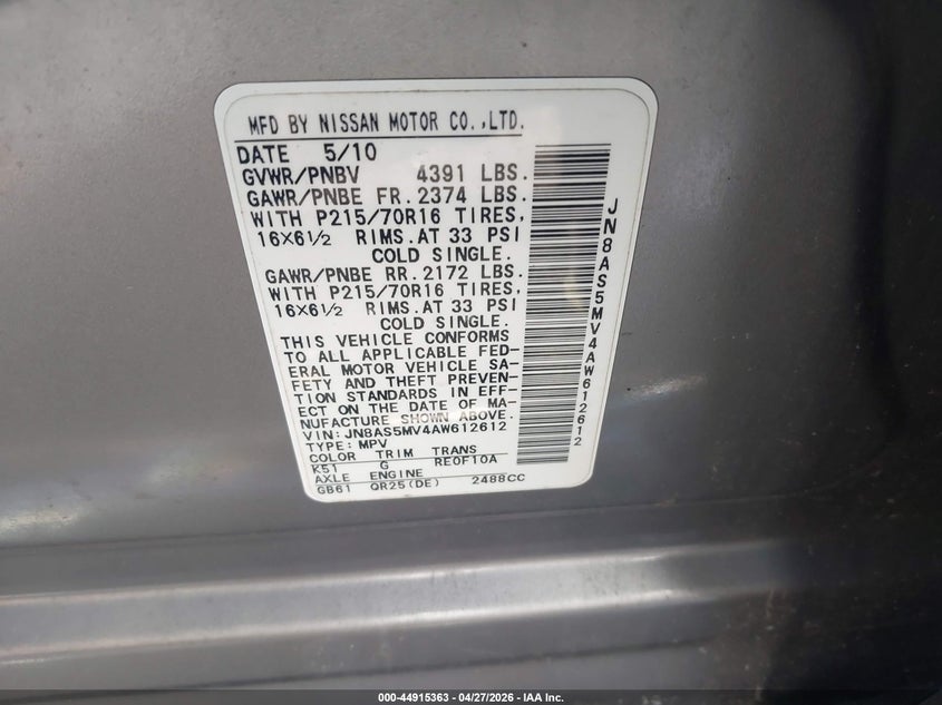2010 Nissan Rogue VIN JN8AS5MV4AW612612 IAAI salvage auction — NORMAL WEAR, Salvage (Texas), sold $425 on 2026-07-14 (photo 9)