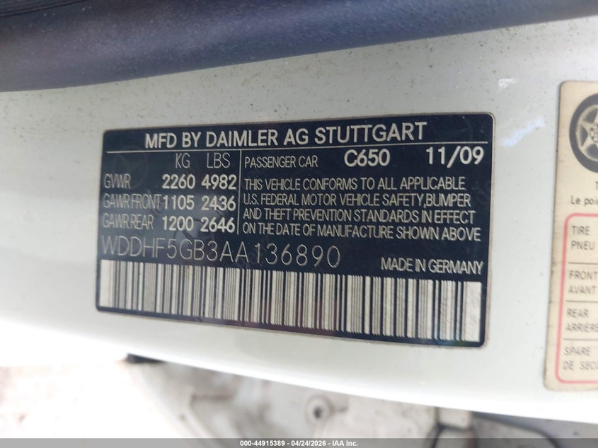2010 Mercedes-benz E-class VIN WDDHF5GB3AA136890 IAAI salvage auction — WATER/FLOOD, Bill Of Sale (Hawaii), sold $175 on 2026-07-28 (photo 9)