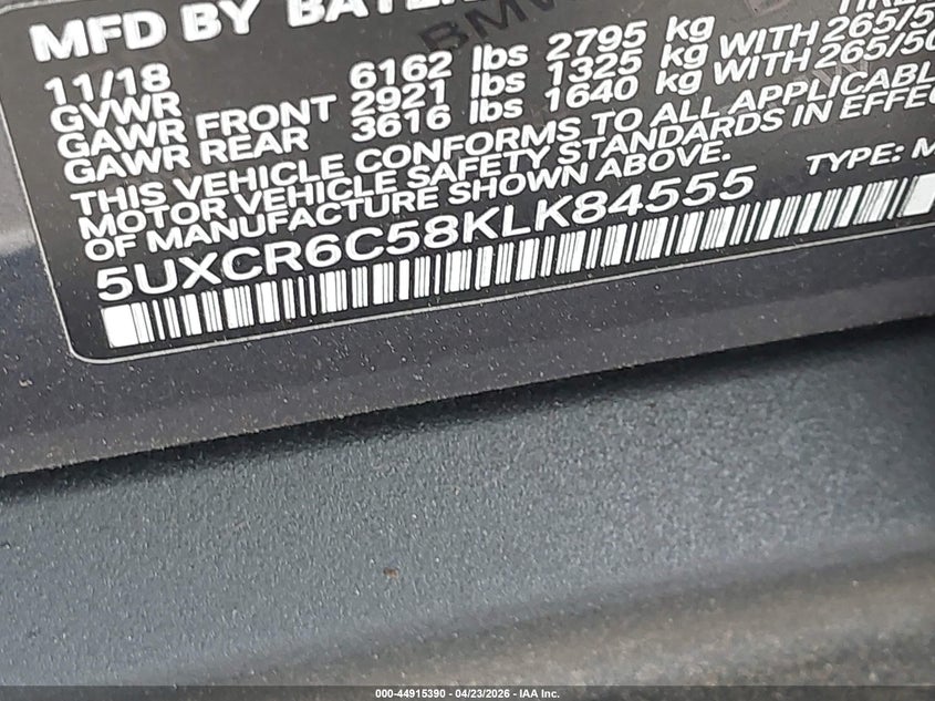 2019 BMW X5 VIN 5UXCR6C58KLK84555 IAAI salvage auction — REAR END, Original (Texas), sold $18,075 on 2026-07-10 (photo 9)