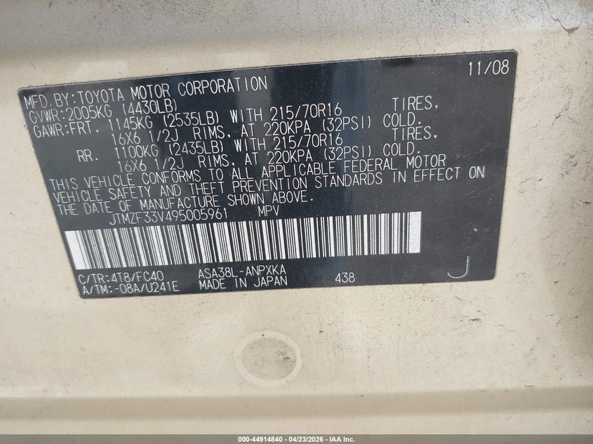 2009 Toyota Rav4 VIN JTMZF33V495005961 IAAI salvage auction — NORMAL WEAR, Clear (Florida), sold $1,150 on 2026-07-23 (photo 9)