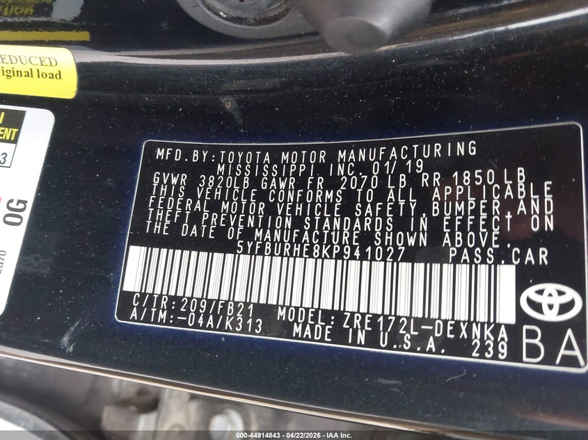 2019 Toyota Corolla VIN 5YFBURHE8KP941027 IAAI salvage auction — FRONT END, Original (Texas), sold $3,650 on 2026-07-14 (photo 9)