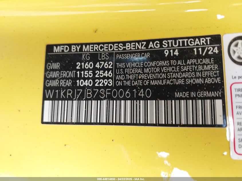 2025 Mercedes-benz VIN W1KRJ7JB7SF006140 IAAI salvage auction — FRONT END, Non-Repairable (Texas), sold $32,925 on 2026-07-09 (photo 9)