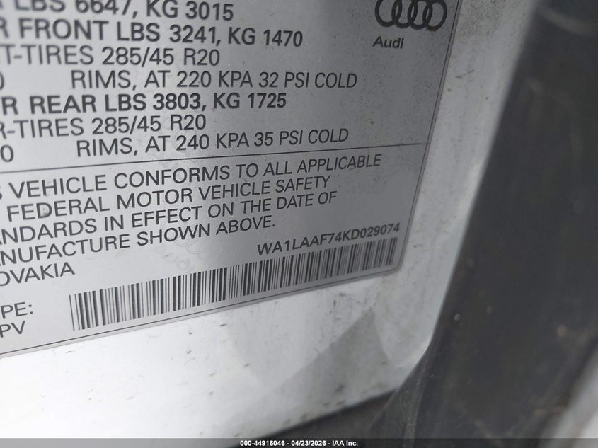2019 Audi Q7 VIN WA1LAAF74KD029074 IAAI salvage auction — FRONT END, Clear (Colorado), sold $3,975 on 2026-07-15 (photo 9)