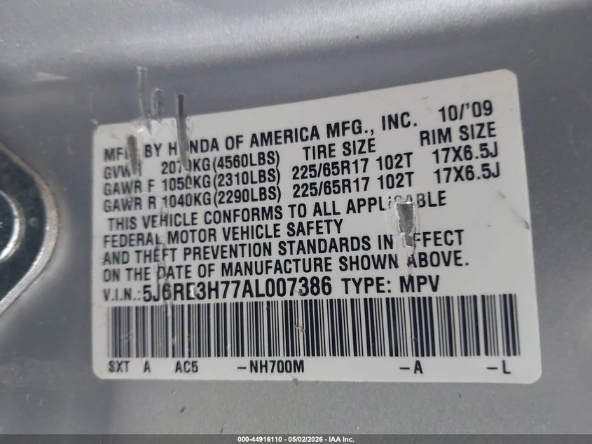 2010 Honda Cr-v VIN 5J6RE3H77AL007386 IAAI salvage auction — NORMAL WEAR, Clear-Dealer Only (Georgia), sold $825 on 2026-07-09 (photo 9)