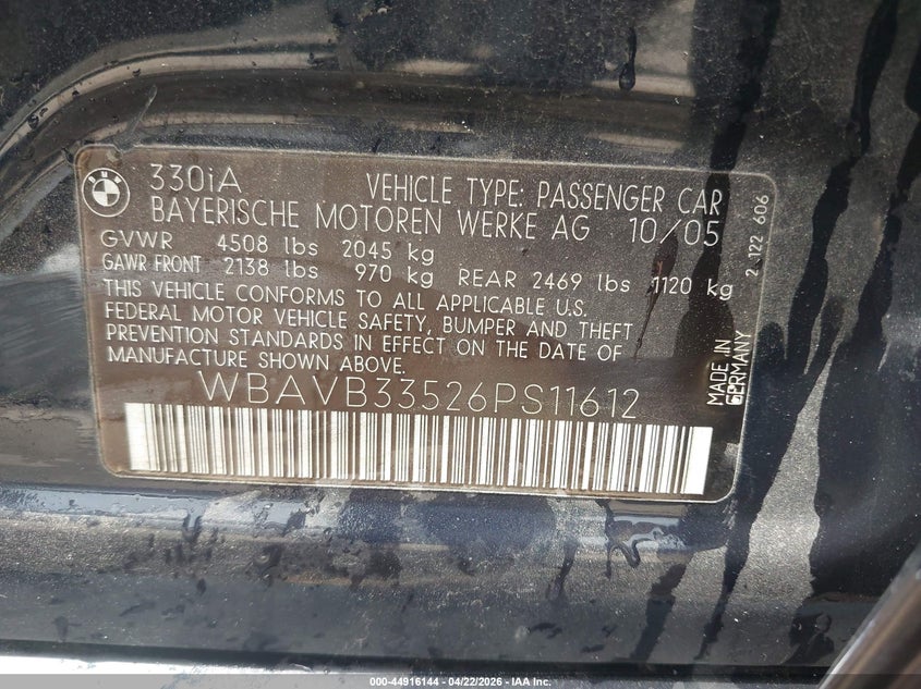 2006 BMW 3 series VIN WBAVB33526PS11612 IAAI salvage auction — REAR END, Clear (Florida), sold $100 on 2026-07-14 (photo 9)