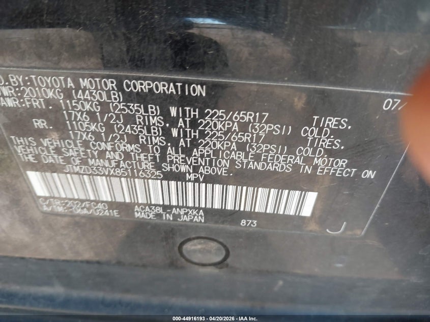 2008 Toyota Rav4 VIN JTMZD33VX85116325 IAAI salvage auction — NORMAL WEAR, Salvage (Texas), sold $550 on 2026-07-15 (photo 9)