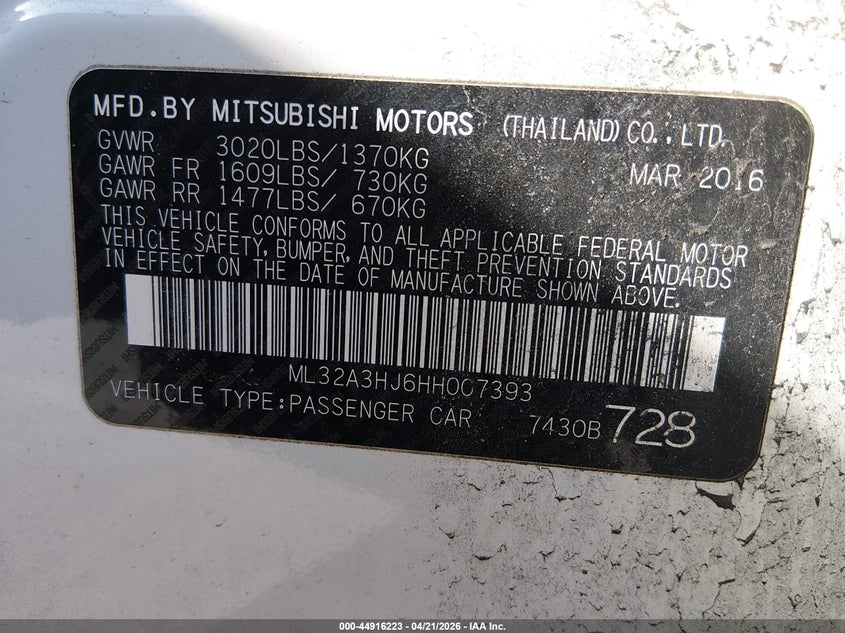 2017 Mitsubishi Mirage VIN ML32A3HJ6HH007393 IAAI salvage auction — REAR END, Salvage (New Jersey), sold $1,300 on 2026-07-13 (photo 9)