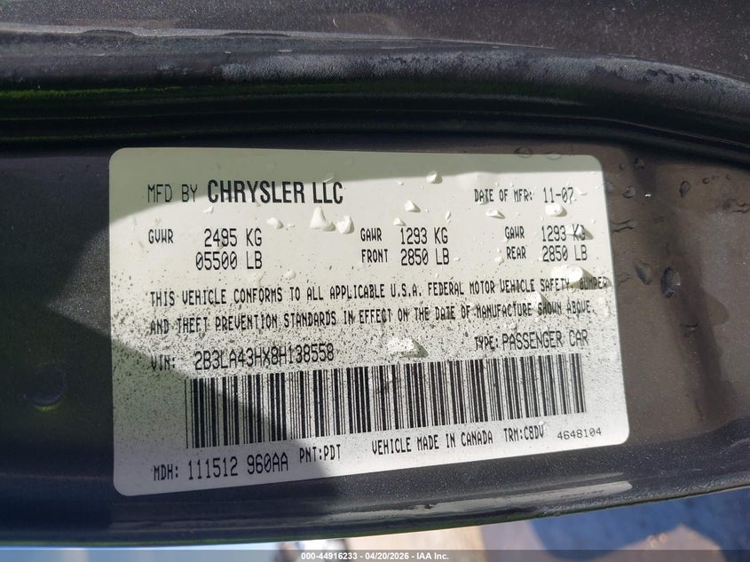 2008 Dodge Charger VIN 2B3LA43HX8H138558 IAAI salvage auction — NORMAL WEAR, Clear (Mississippi), sold $400 on 2026-07-19 (photo 9)
