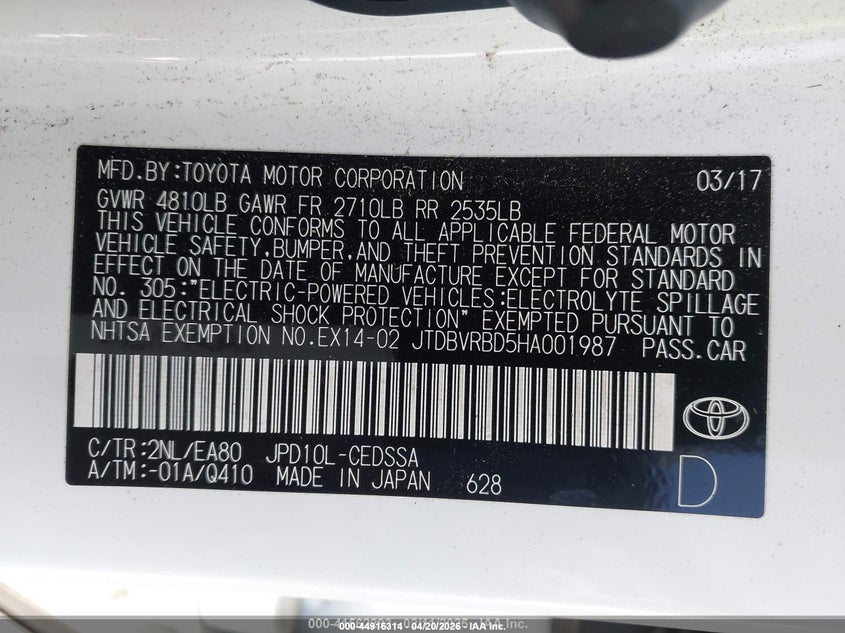 2017 Toyota Mirai VIN JTDBVRBD5HA001987 IAAI salvage auction — LEFT REAR, Salvage (California), sold $300 on 2026-07-23 (photo 9)