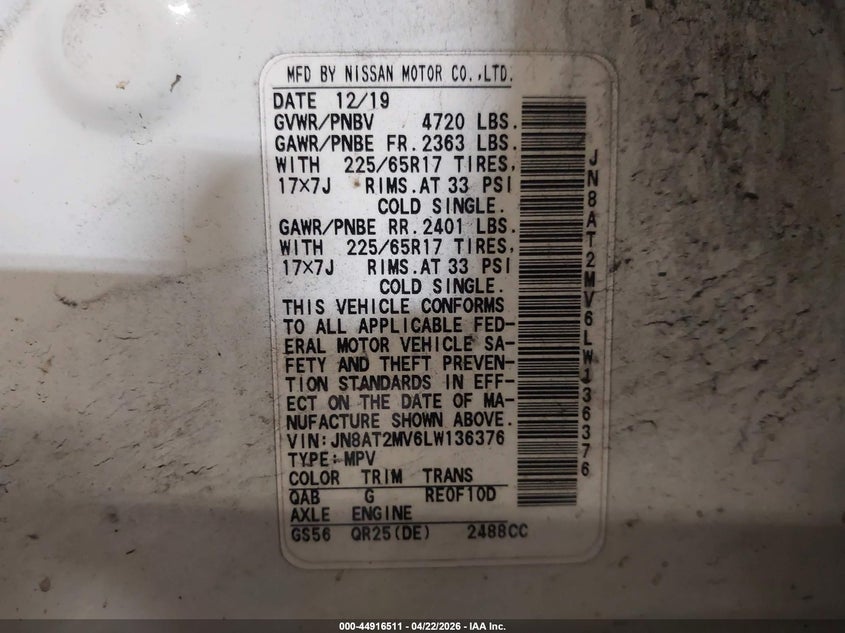 2020 Nissan Rogue VIN JN8AT2MV6LW136376 IAAI salvage auction — SIDE, Mv-907A (New York), sold $3,050 on 2026-07-08 (photo 9)