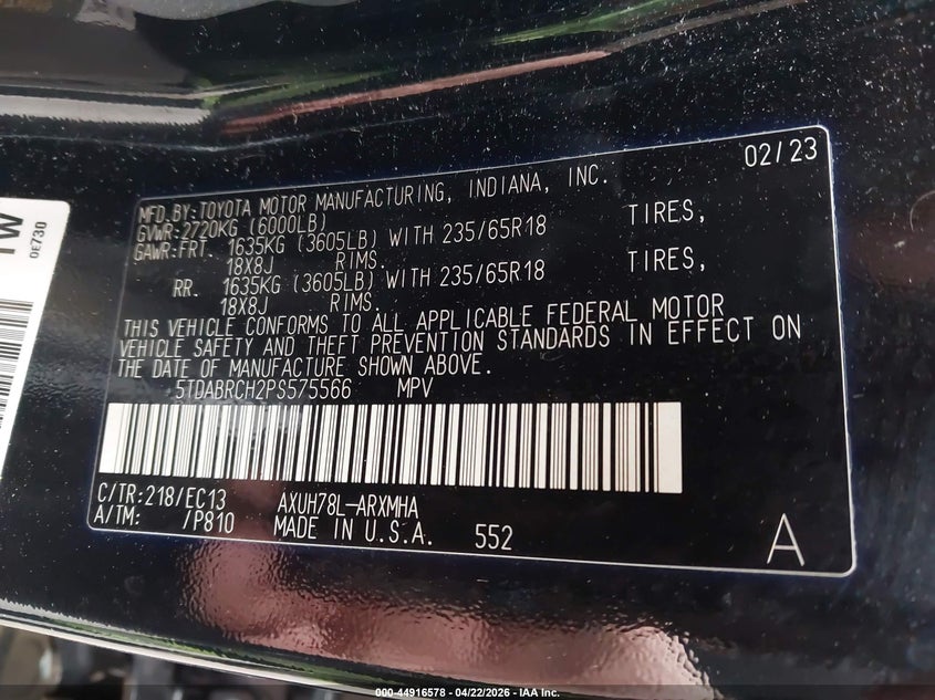 2023 Toyota Highlander VIN 5TDABRCH2PS575566 IAAI salvage auction — REAR END, Mv-907A (New York), sold $10,200 on 2026-07-21 (photo 9)