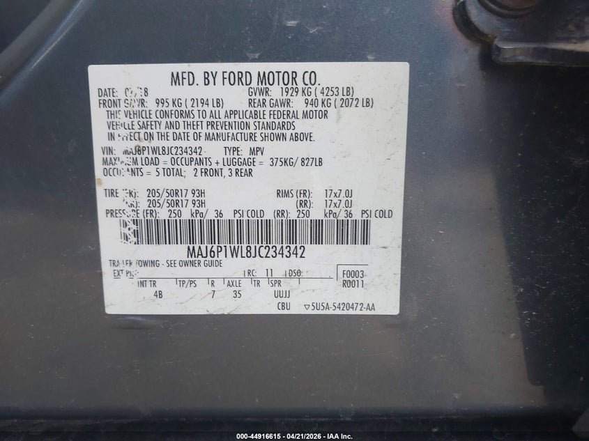 2018 Ford Ecosport VIN MAJ6P1WL8JC234342 IAAI salvage auction — FRONT END, Salvage Title, sold $925 on 2026-07-14 (photo 9)