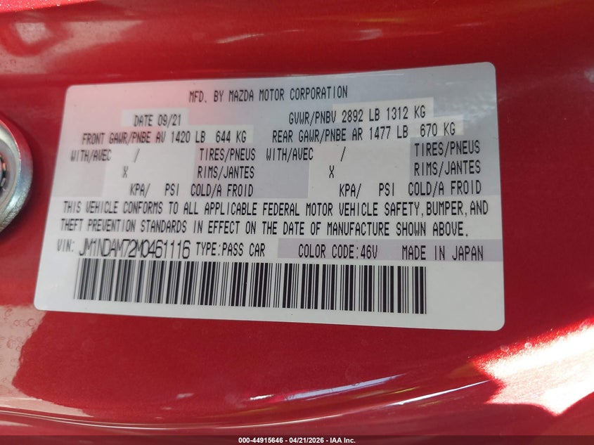 2021 Mazda Mx-5 VIN JM1NDAM72M0461116 IAAI salvage auction — RIGHT FRONT, Salvage (Arizona), sold $4,550 on 2026-07-28 (photo 9)