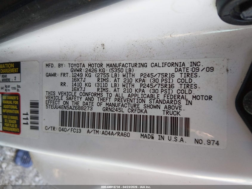 2010 Toyota Tacoma VIN 5TEUU4EN5AZ688273 IAAI salvage auction — LEFT FRONT, Salvage (West Virginia), sold $1,950 on 2026-07-15 (photo 9)