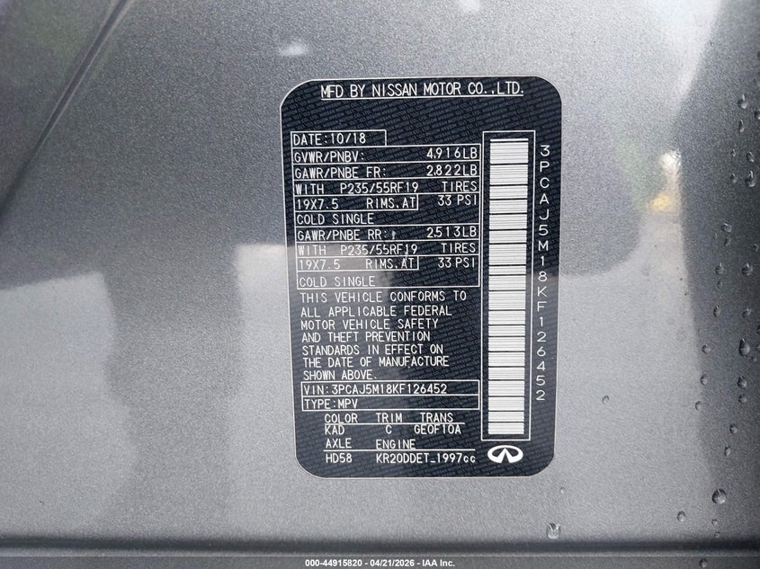 2019 Infiniti Qx50 VIN 3PCAJ5M18KF126452 IAAI salvage auction — FRONT END, Salvage (California), sold $4,050 on 2026-09-17 (photo 9)