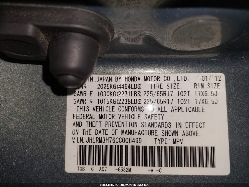 2012 Honda Cr-v VIN JHLRM3H76CC006499 IAAI salvage auction — NORMAL WEAR, Salvage (Texas), sold $2,950 on 2026-08-21 (photo 9)