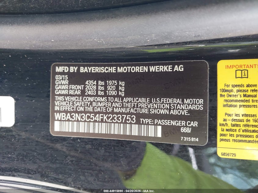 2015 BMW 4er VIN WBA3N3C54FK233753 IAAI salvage auction — RIGHT SIDE, Clear (Florida), sold $500 on 2026-07-09 (photo 9)