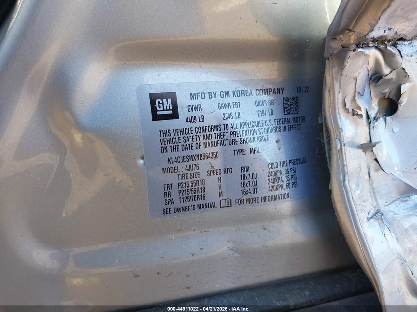 2022 Buick Encore VIN KL4CJESMXNB564350 IAAI salvage auction — LEFT SIDE, Salvage (New Jersey), sold $150 on 2026-07-31 (photo 9)