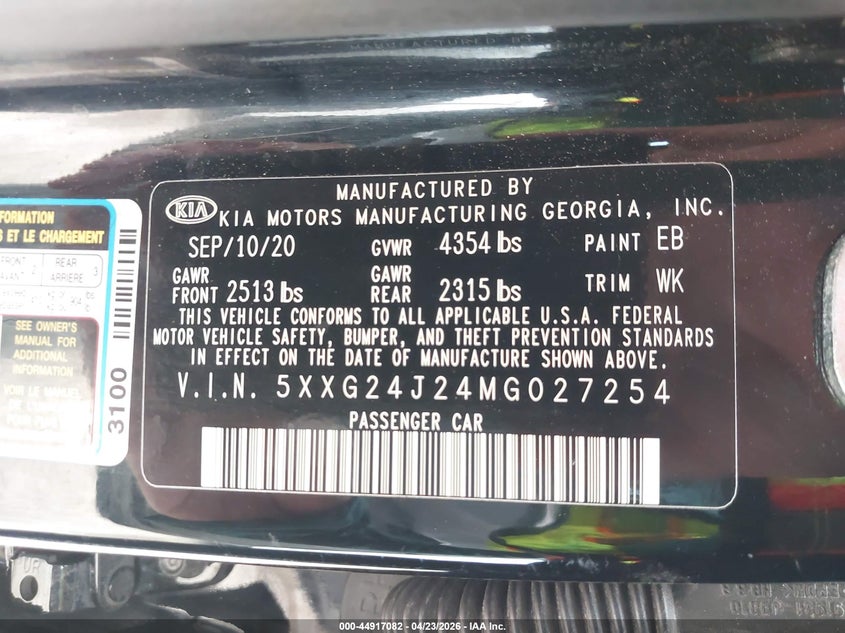 2021 Kia K5 VIN 5XXG24J24MG027254 IAAI salvage auction — REAR END, Wait Title, sold $3,975 on 2026-07-20 (photo 9)