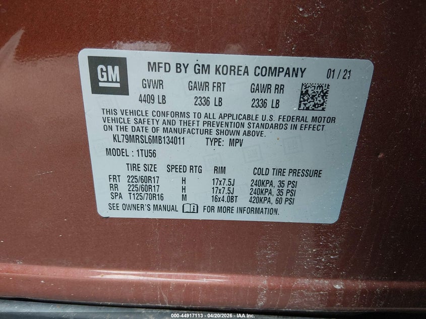 2021 Chevrolet Trailblazer VIN KL79MRSL6MB134011 IAAI salvage auction — LEFT SIDE, Salvage Title, sold $975 on 2026-07-21 (photo 9)