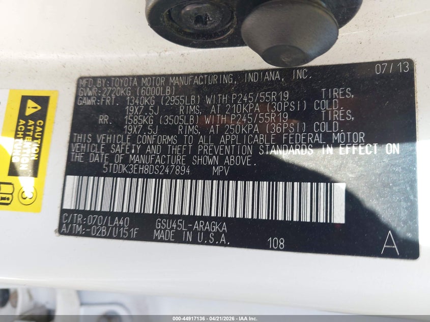 2013 Toyota Highlander VIN 5TDDK3EH8DS247894 IAAI salvage auction — REAR END, Salvage Title, sold $5,900 on 2026-07-16 (photo 9)