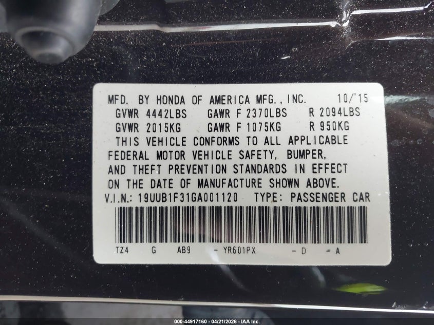 2016 Acura Tlx VIN 19UUB1F31GA001120 IAAI salvage auction — RIGHT FRONT, Original (Texas), sold $2,450 on 2026-07-05 (photo 9)