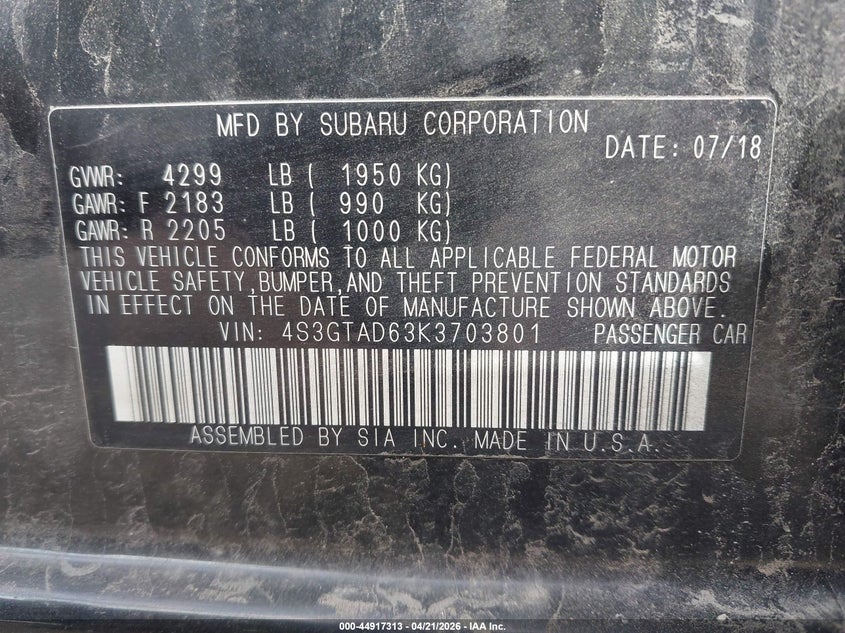 2019 Subaru Impreza VIN 4S3GTAD63K3703801 IAAI salvage auction — LEFT FRONT, Clear (Michigan), sold $1,100 on 2026-07-10 (photo 9)