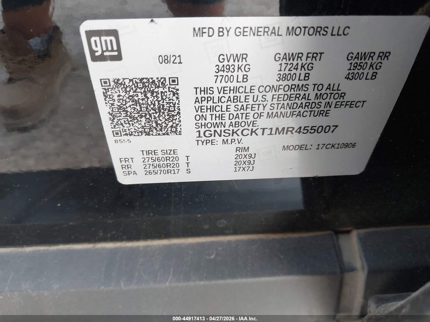 2021 Chevrolet Suburban VIN 1GNSKCKT1MR455007 IAAI salvage auction — THEFT, Salvage Title, sold $16,250 on 2026-07-28 (photo 9)