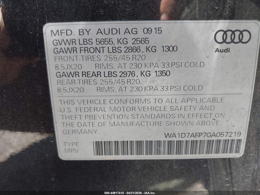 2016 Audi Q5 VIN WA1D7AFP7GA057219 IAAI salvage auction — FRONT END, Salvage Title, sold $3,600 on 2026-07-24 (photo 9)