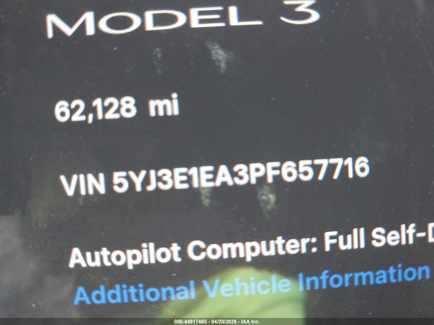 2023 Tesla Model 3 VIN 5YJ3E1EA3PF657716 IAAI salvage auction — FRONT END, Salvage Title, sold $5,400 on 2026-07-12 (photo 9)