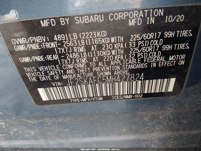 2021 Subaru Forester VIN JF2SKAFC5MH427824 IAAI salvage auction — FRONT END, Salvage (Vermont), sold $3,200 on 2026-07-05 (photo 9)