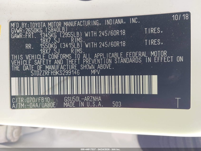 2019 Toyota Highlander VIN 5TDZZRFH9KS299146 IAAI salvage auction — RIGHT SIDE, Salvage (Texas), sold $3,750 on 2026-07-29 (photo 9)