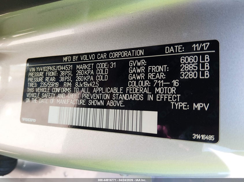 2018 Volvo Xc90 VIN YV4102PK6J1344531 IAAI salvage auction — FRONT END, Salvage Title, sold $4,050 on 2026-07-17 (photo 9)