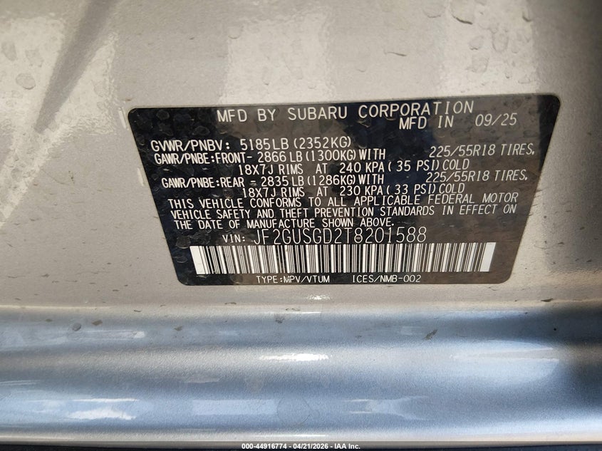 2026 Subaru Xv VIN JF2GUSGD2T8201588 IAAI salvage auction — RIGHT FRONT, Salvage Title, sold $6,400 on 2026-07-10 (photo 9)
