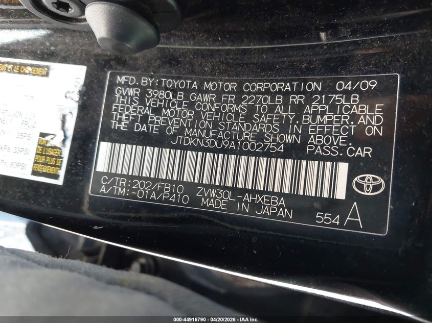 2010 Toyota Prius VIN JTDKN3DU9A1002754 IAAI salvage auction — NORMAL WEAR, Salvage (Texas), sold $775 on 2026-07-15 (photo 9)