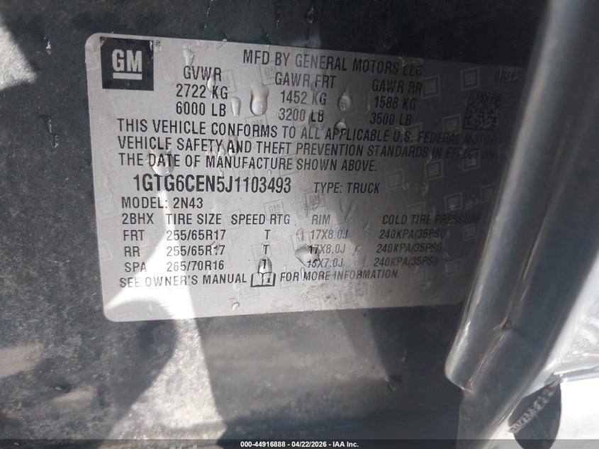 2018 Gmc Canyon VIN 1GTG6CEN5J1103493 IAAI salvage auction — RIGHT FRONT, Salvage (North Carolina), sold $4,900 on 2026-07-08 (photo 9)