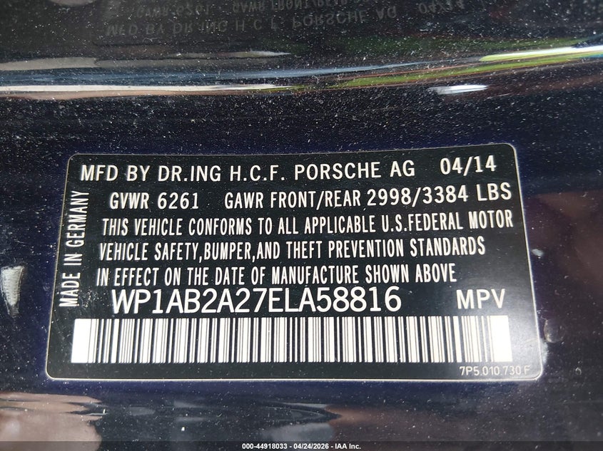 2014 Porsche Cayenne VIN WP1AB2A27ELA58816 IAAI salvage auction — FRONT END, Salvage (West Virginia), sold $3,000 on 2026-07-09 (photo 9)