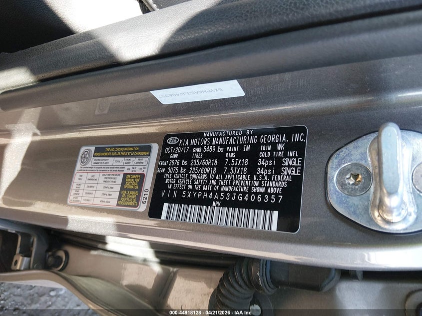 2018 Kia Sorento VIN 5XYPH4A53JG406357 IAAI salvage auction — FRONT END, Salvage Title, sold $4,550 on 2026-07-20 (photo 9)