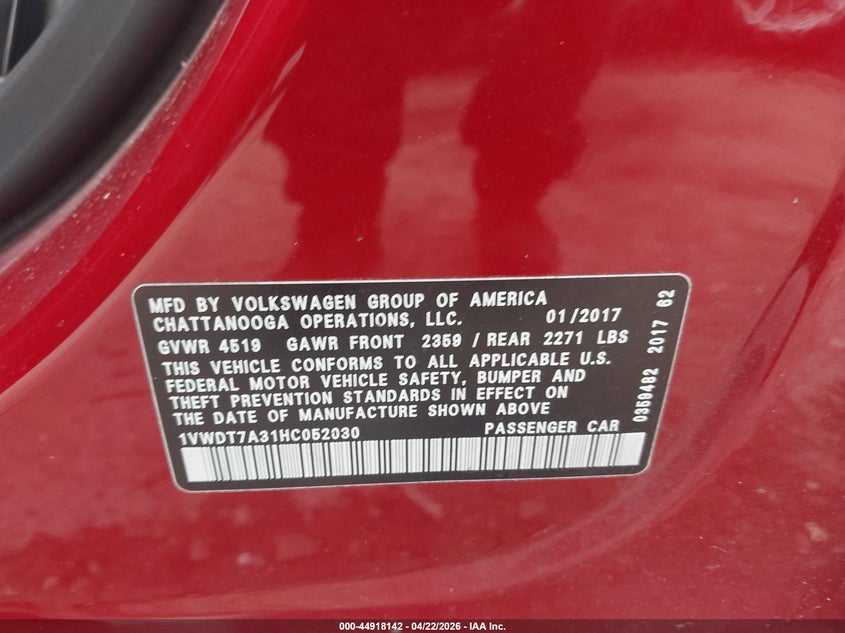 2017 Volkswagen Passat VIN 1VWDT7A31HC052030 IAAI salvage auction — SIDE, Original (Texas), sold $1,950 on 2026-08-12 (photo 9)