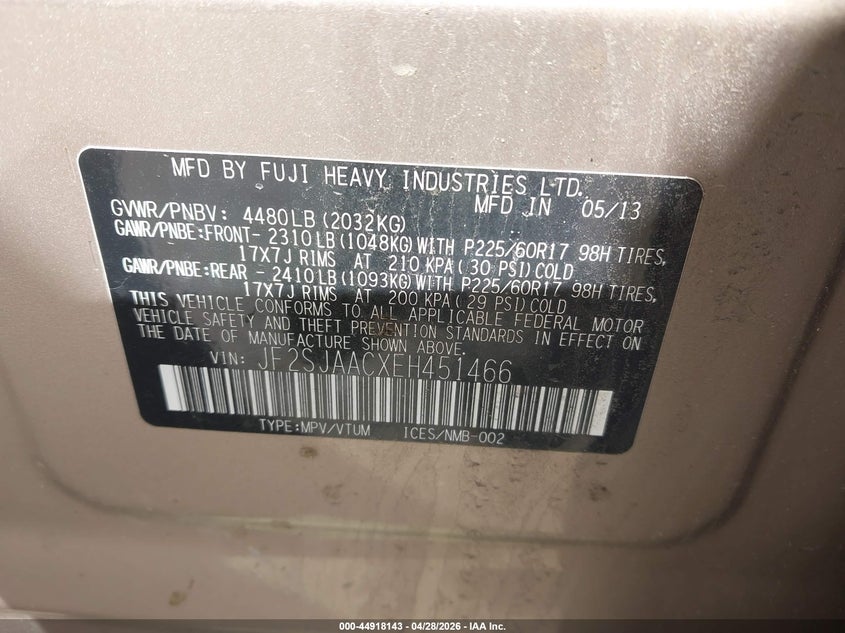 2014 Subaru Forester VIN JF2SJAACXEH451466 IAAI salvage auction — FRONT END, Salvage Title, sold $300 on 2026-07-22 (photo 9)