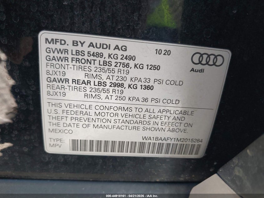 2021 Audi Q5 VIN WA1BAAFY1M2015264 IAAI salvage auction — REAR END, Salvage Title, sold $7,750 on 2026-07-30 (photo 9)