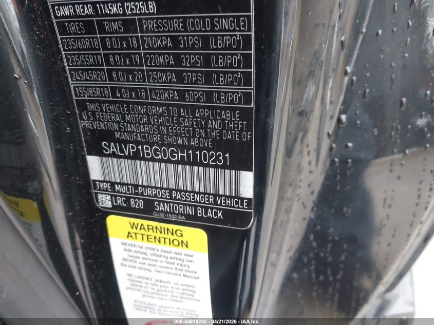 2016 Land rover Range rover evoque VIN SALVP1BG0GH110231 IAAI salvage auction — REAR END, Original (Texas), sold $2,600 on 2026-07-14 (photo 9)