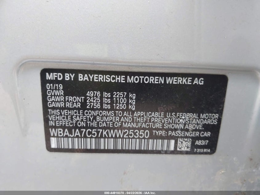 2019 BMW 5er VIN WBAJA7C57KWW25350 IAAI salvage auction — FRONT END, Mv-907A (New York), sold $8,900 on 2026-07-07 (photo 9)