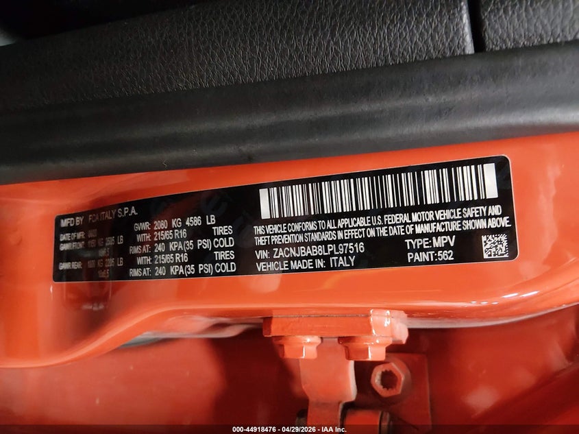 2020 Jeep Renegade VIN ZACNJBAB8LPL97516 IAAI salvage auction — HAIL, Salvage Title, sold $2,575 on 2026-07-28 (photo 9)