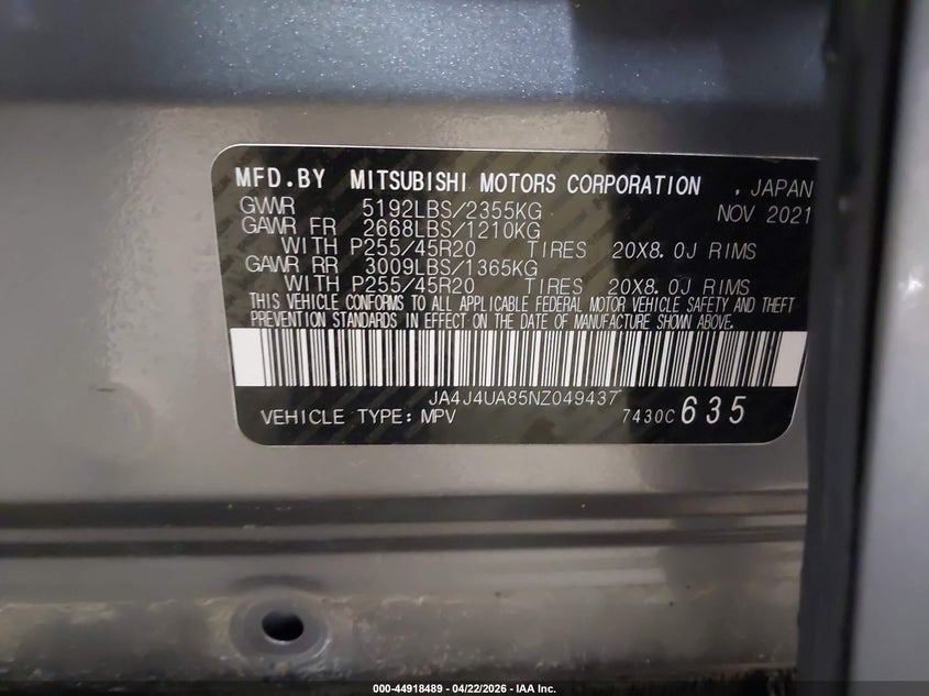 2022 Mitsubishi Outlander VIN JA4J4UA85NZ049437 IAAI salvage auction — RIGHT FRONT, Salvage Title, sold $10,000 on 2026-07-30 (photo 9)